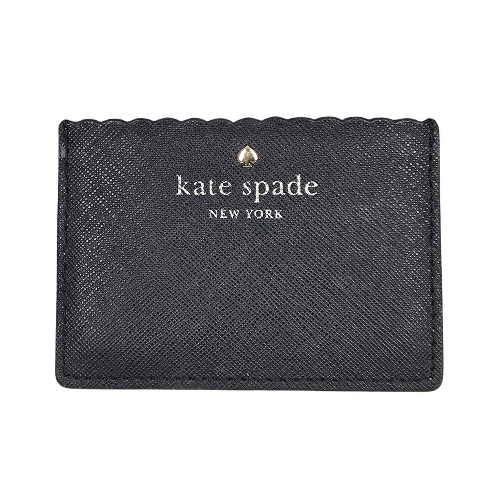 KATE SPADE NEW YORK PEBBLED LEATHER CARDHOLDER – BLACK/CREAM – SCALLOPED EDGE